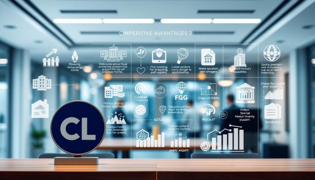 Intricate and dynamic visual representation of competitive advantages in business administration. A sleek, modern office setting with various elements showcasing the unique strengths and opportunities of CL's FGV program. Crisp lighting illuminates a professional, yet innovative atmosphere. In the foreground, a CL logo stands prominently, conveying the brand's expertise. The middle ground features various icons and infographic-style illustrations depicting key aspects of the program, such as networking, career development, and specialized coursework. The background showcases a blurred cityscape, symbolizing the vibrant urban environment and global connections that the FGV program provides. The overall scene conveys a sense of prestige, progress, and the promise of a transformative educational experience.