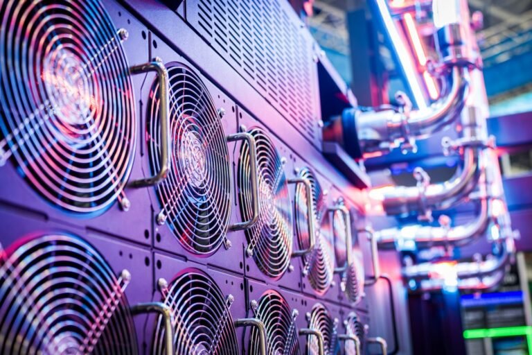 Servidores e ventoinhas de refrigeração em data center iluminado